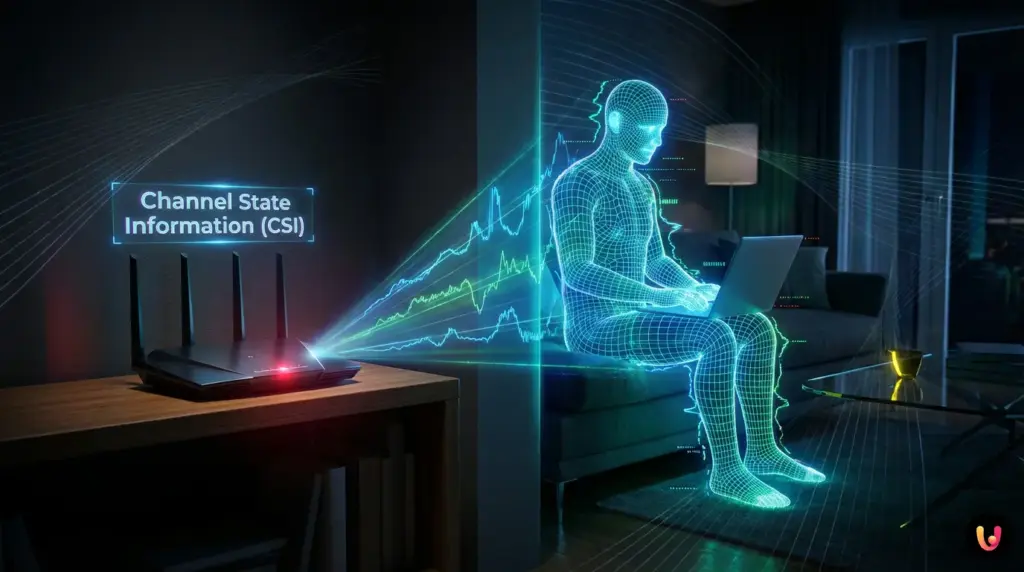 L’œil invisible : votre Wi-Fi vous voit à travers les murs Illustration d'un routeur Wi-Fi détectant une silhouette humaine par ondes radio