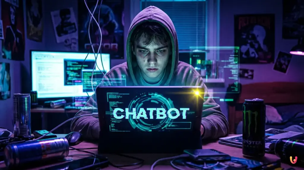 Adolescente isolato utilizza uno smartphone per chattare con un'intelligenza artificiale