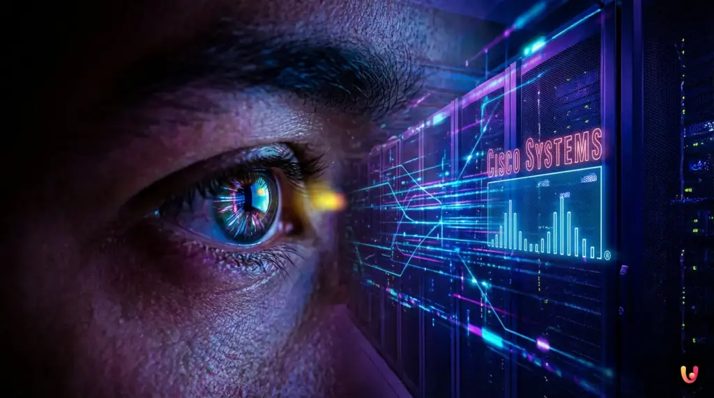 Logo Cisco su sfondo digitale con grafici finanziari in crescita