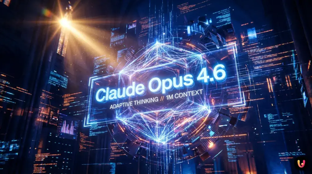 Logo Anthropic Claude Opus 4.6 su sfondo digitale astratto e futuristico