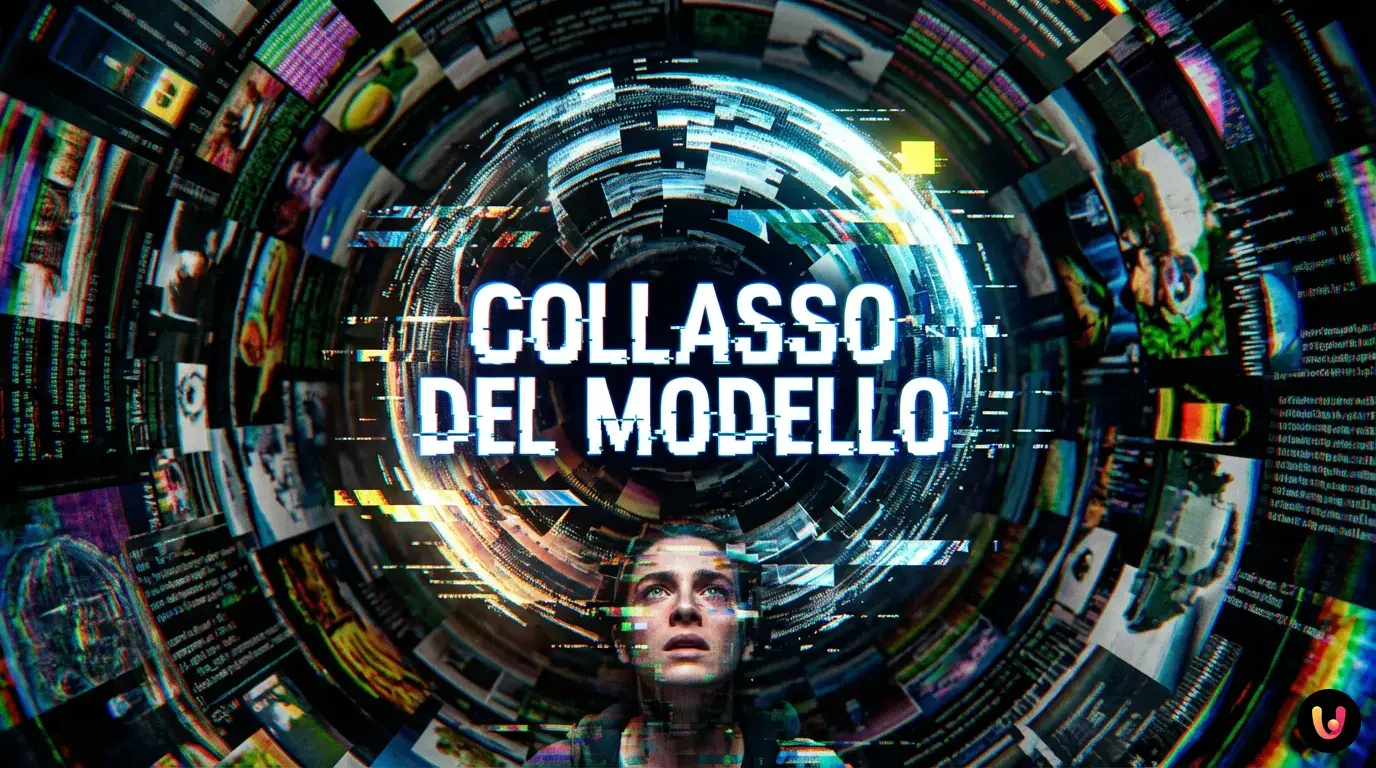 Serpente Ouroboros digitale che si dissolve simboleggiando il Collasso del Modello AI