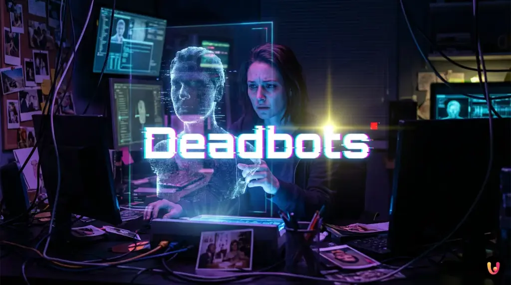 Lutto sospeso: la trappola mentale di parlare con chi non c’è Silhouette umana che si dissolve in codice digitale rappresentando un Deadbot