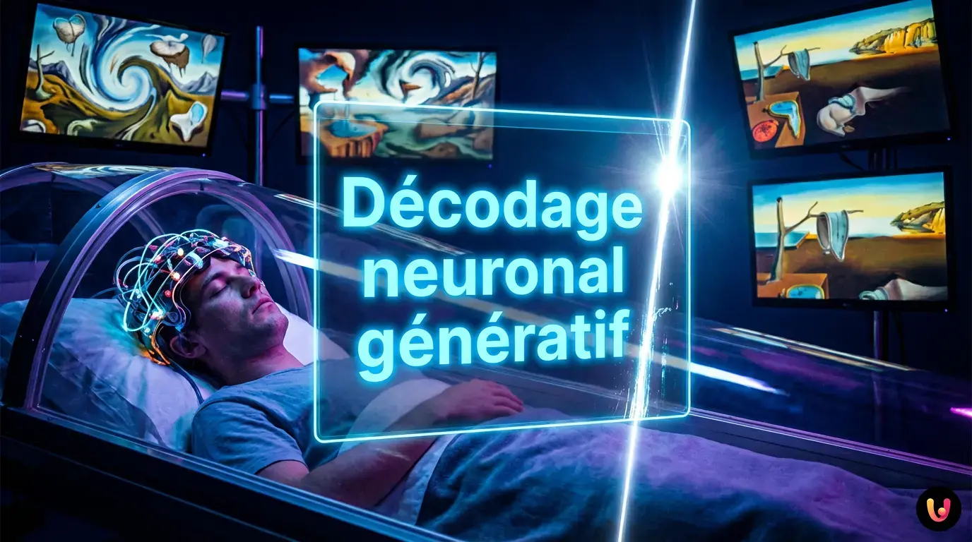 IA et Rêves : Le Décodage Neuronal Expliqué Cerveau humain connecté à une IA générant des images de rêves