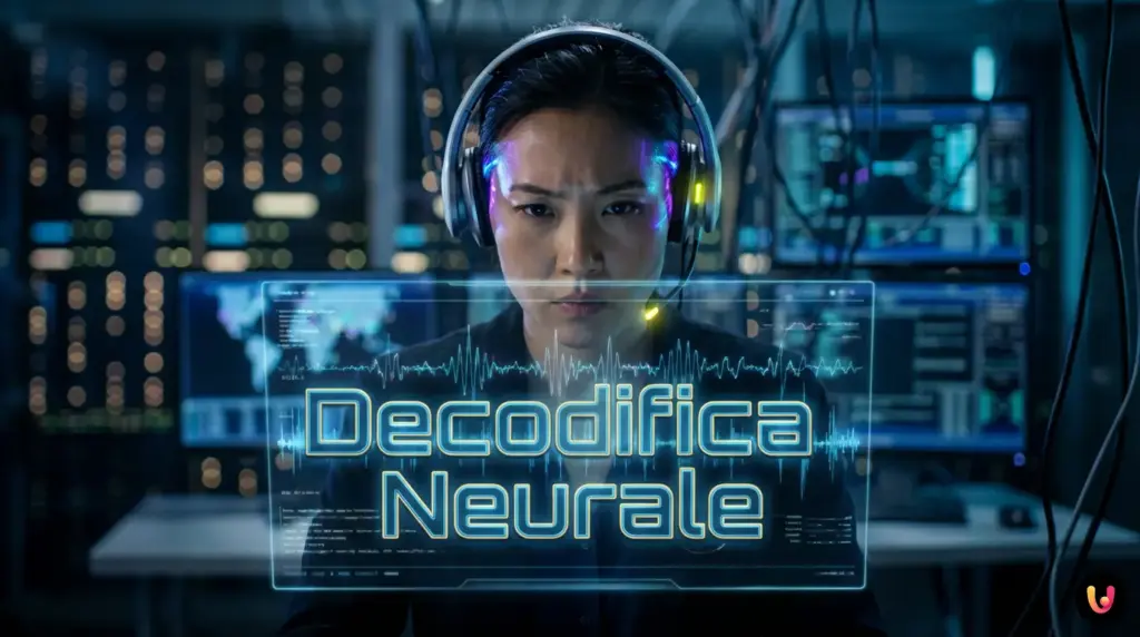 Il suono del pensiero: l’IA che ascolta l’intenzione e rompe il sil… Onde cerebrali luminose si trasformano in testo digitale su sfondo scuro