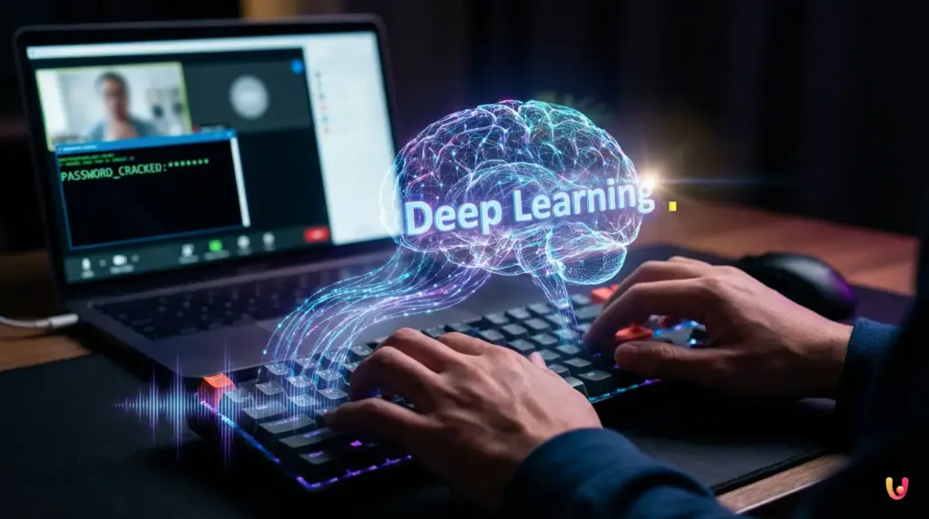 Tastiera spiata dal suono: perché non digitare mai in videochiamata Mani digitano su laptop con onde sonore digitali che simboleggiano il furto dati