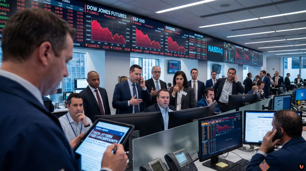 Red stock market graph showing steep decline in Dow Jones and Nasdaq futures