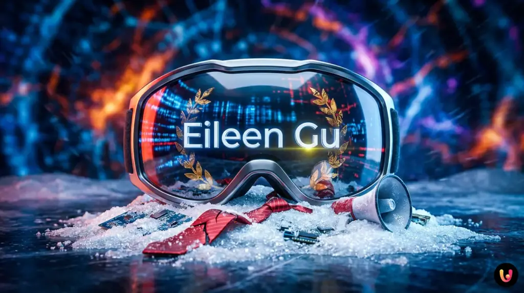 Collage di Eileen Gu e Donald Trump su sfondo algoritmico Olimpiadi 2026