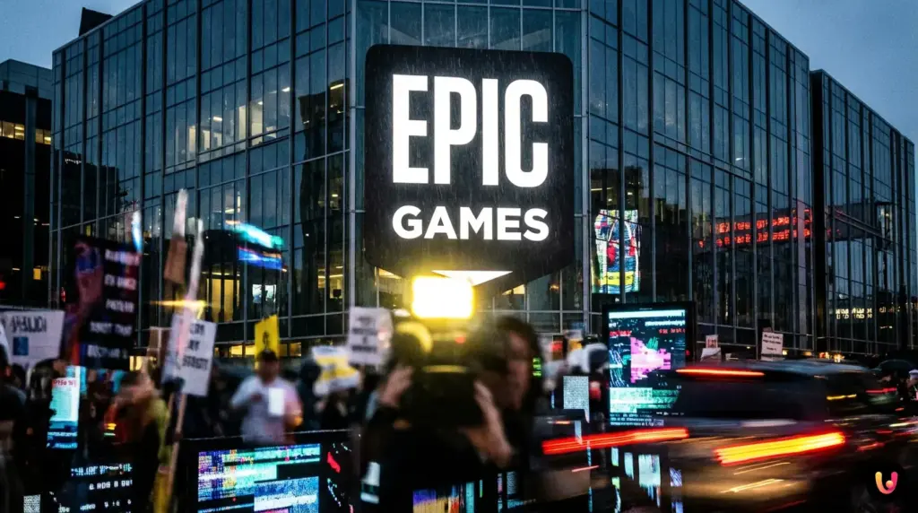 Logo Epic Games contrapposto all'artwork del videogioco horror Horses di Santa Ragione