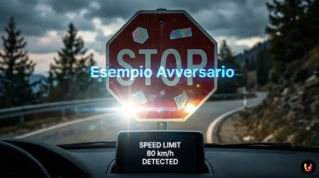 Il ‘pixel avvelenato’: come una modifica invisibile inganna l’IA Rappresentazione grafica di un esempio avversario che inganna una rete neurale