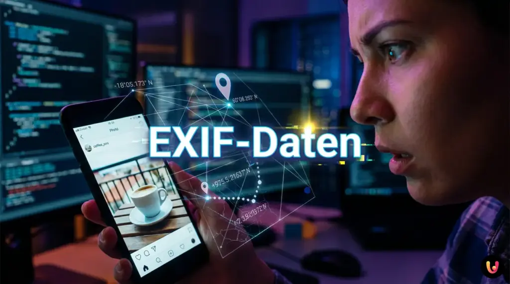 Der stille Spion: Wie Metadaten in Fotos Ihren Wohnort verraten Smartphone-Display zeigt versteckte EXIF-Daten und GPS-Koordinaten eines Fotos