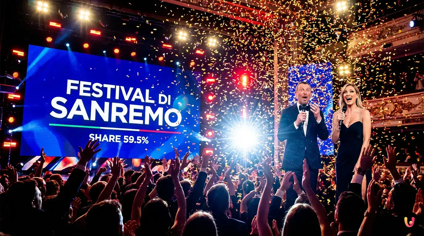 Sanremo 2026: Dati Auditel Seconda Serata Share 59.5% Carlo Conti e Laura Pausini sul palco dell'Ariston per la seconda serata di Sanremo 2026