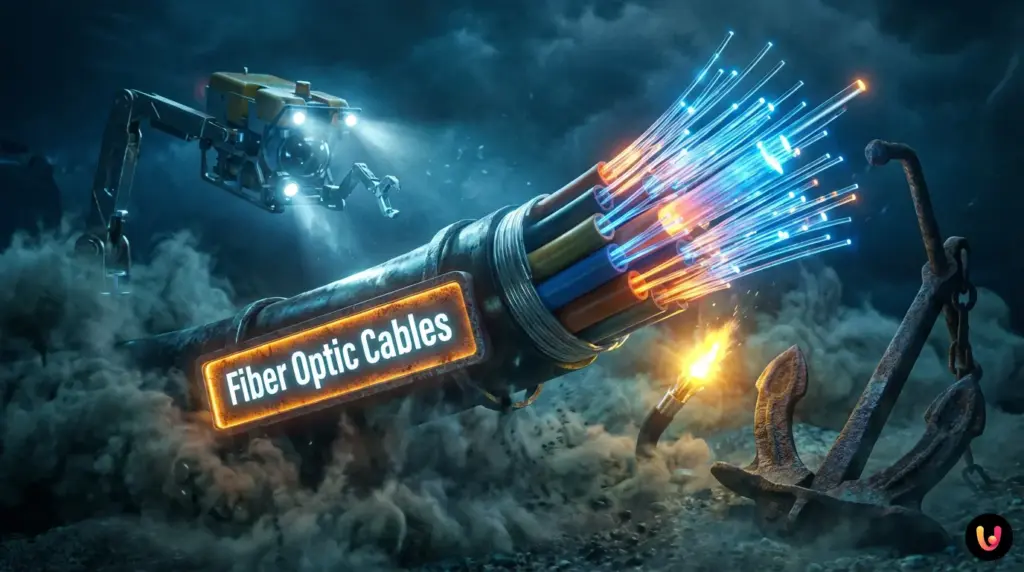 Glowing fiber optic cables transmitting data across a global digital network