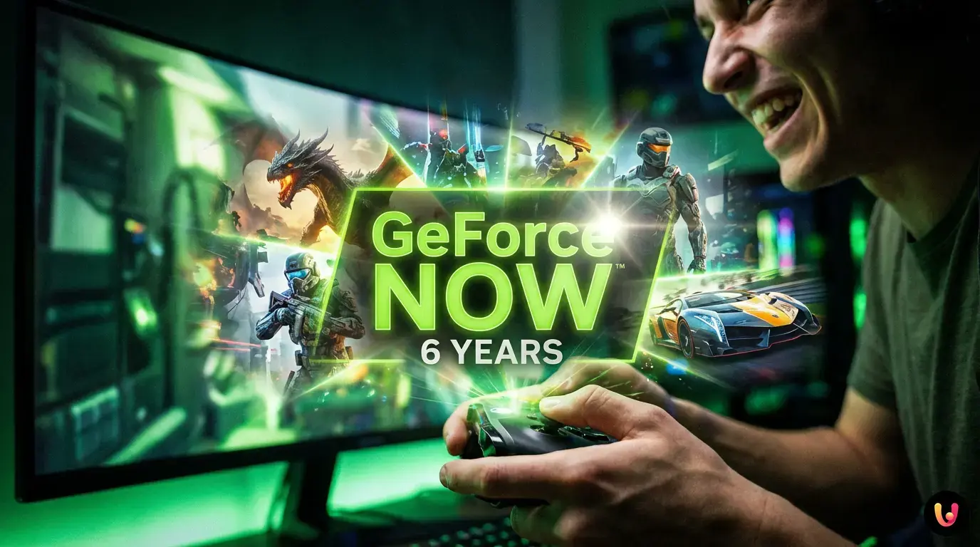 Grafica celebrativa 6 anni NVIDIA GeForce NOW e nuovi giochi febbraio 2026