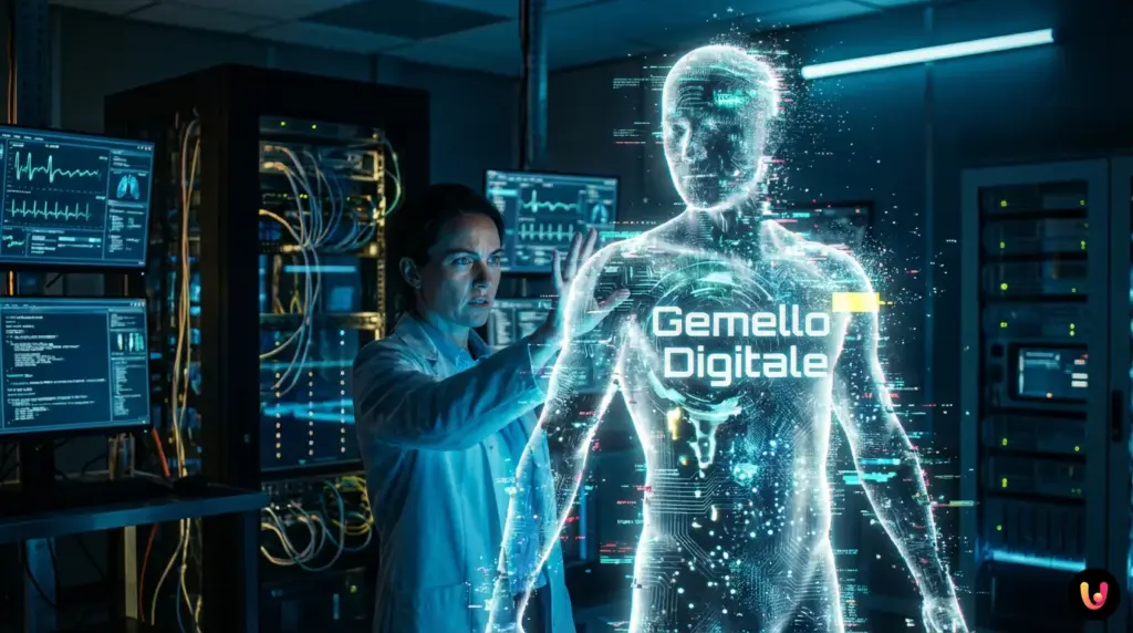 Gemello Digitale: l’ombra che muore virtualmente per curarti davvero Paziente umano specchiato nel suo gemello digitale medico creato dall'IA