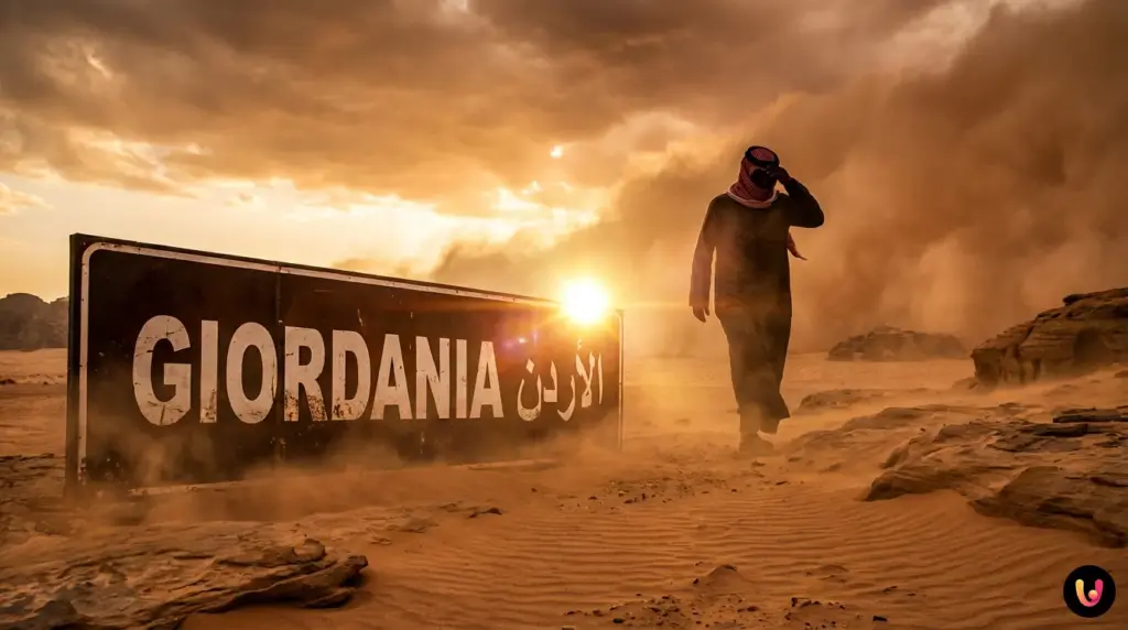 Paesaggio della Giordania con cielo parzialmente nuvoloso e vento che solleva sabbia nel deserto