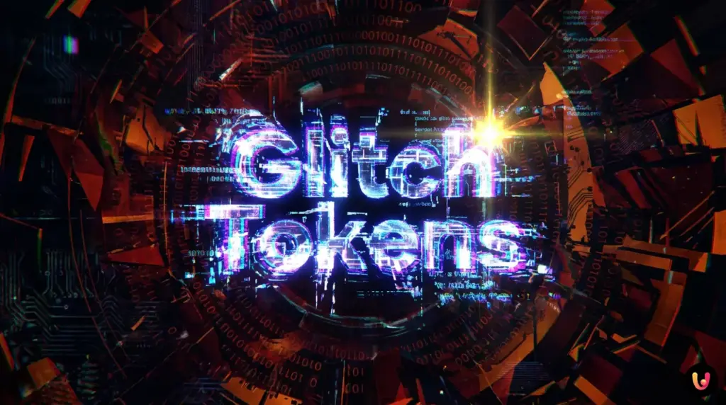 Rete neurale astratta con codice corrotto che rappresenta i Glitch Tokens