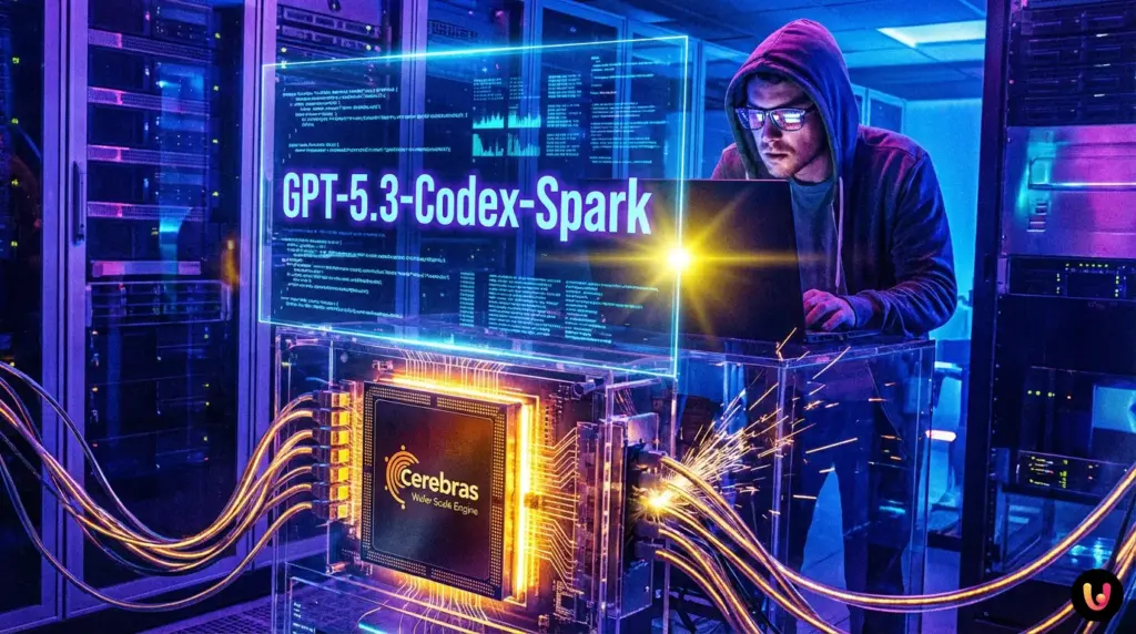 Loghi OpenAI e Cerebras su sfondo di codice a scorrimento veloce per GPT-5.3-Spark
