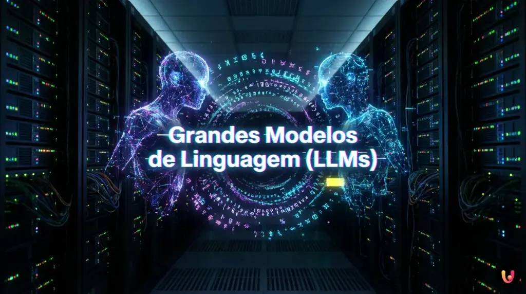 Representa&ccedil;&atilde;o visual de duas IAs conectadas trocando c&oacute;digos luminosos em um ambiente digital