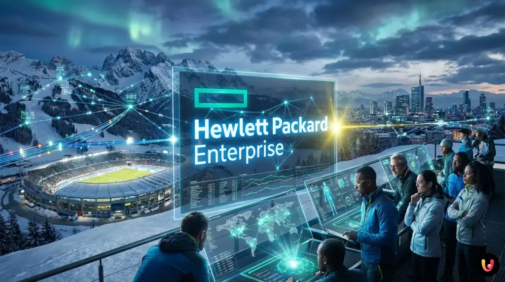 Mappa digitale delle connessioni HPE tra Milano e Cortina su sfondo alpino innevato