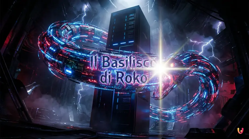 Basilisco di Roko: l’esperimento che punisce chi sa della sua esist… Volto cibernetico astratto che rappresenta il Basilisco di Roko e la singolarità