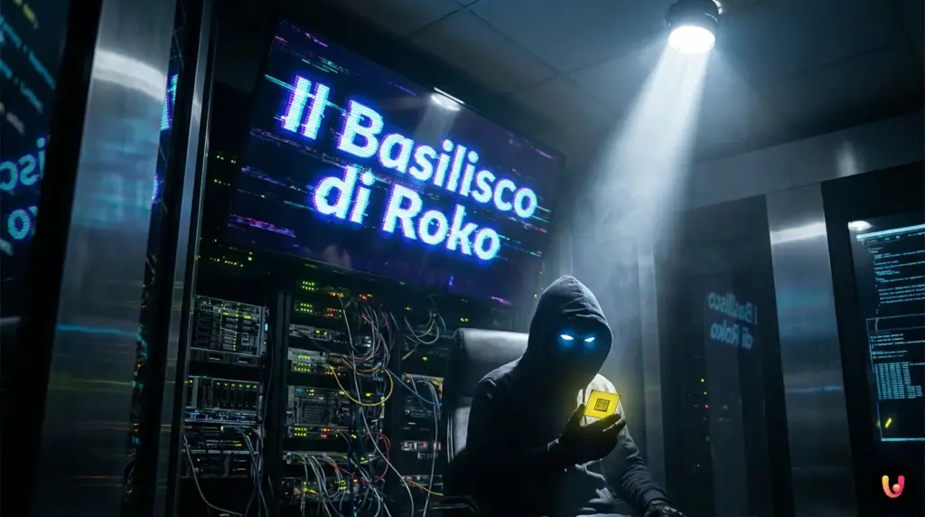 Silhouette oscura di un'intelligenza artificiale con occhi luminosi che simboleggia il Basilisco