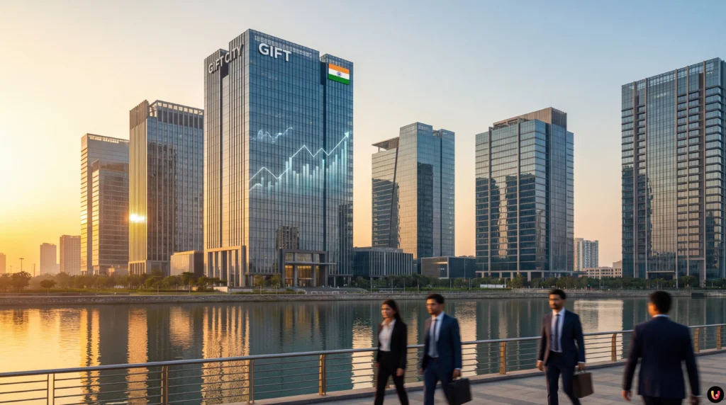 India Doubles GIFT City Tax Holiday to 20 Years in 2026 Budget Modern skyline of GIFT City Gujarat representing India's new financial hub