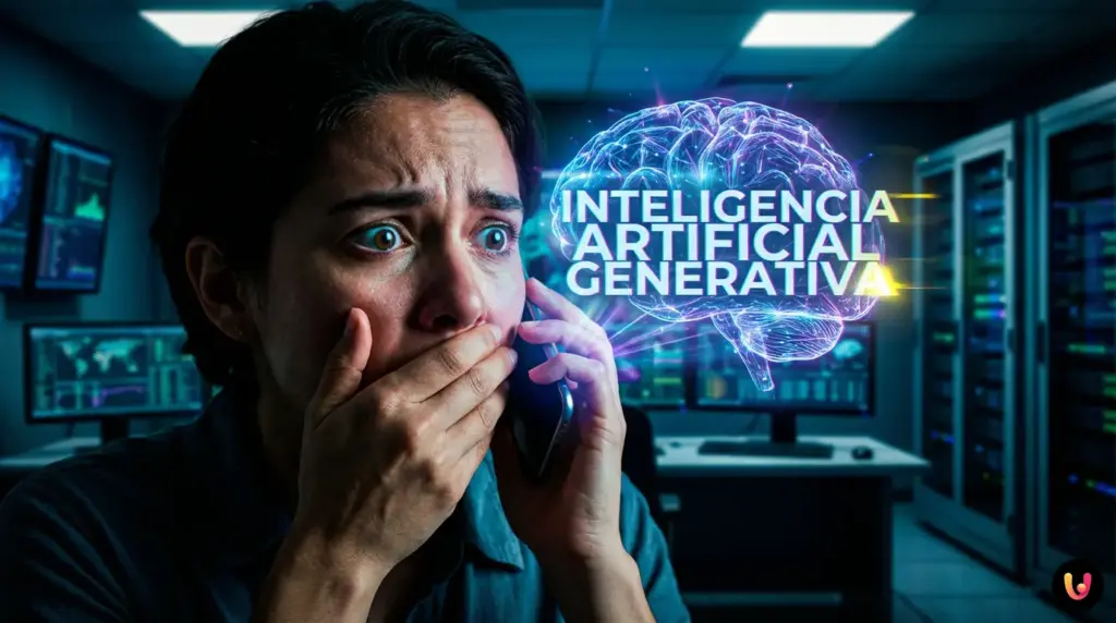 Persona al tel&eacute;fono enfrentando un fraude de clonaci&oacute;n de voz por Inteligencia Artificial