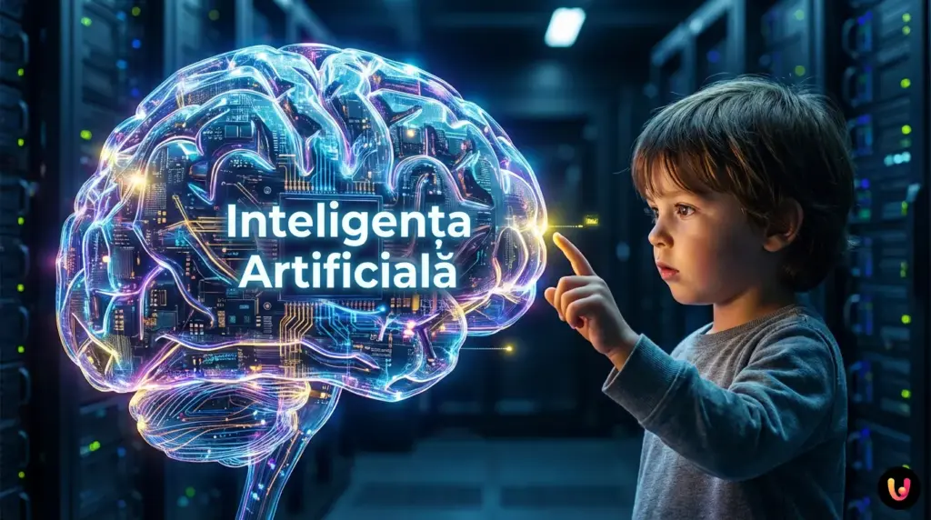 Copil interacțion&acirc;nd cu o rețea neurală digitală luminoasă care simbolizează AI
