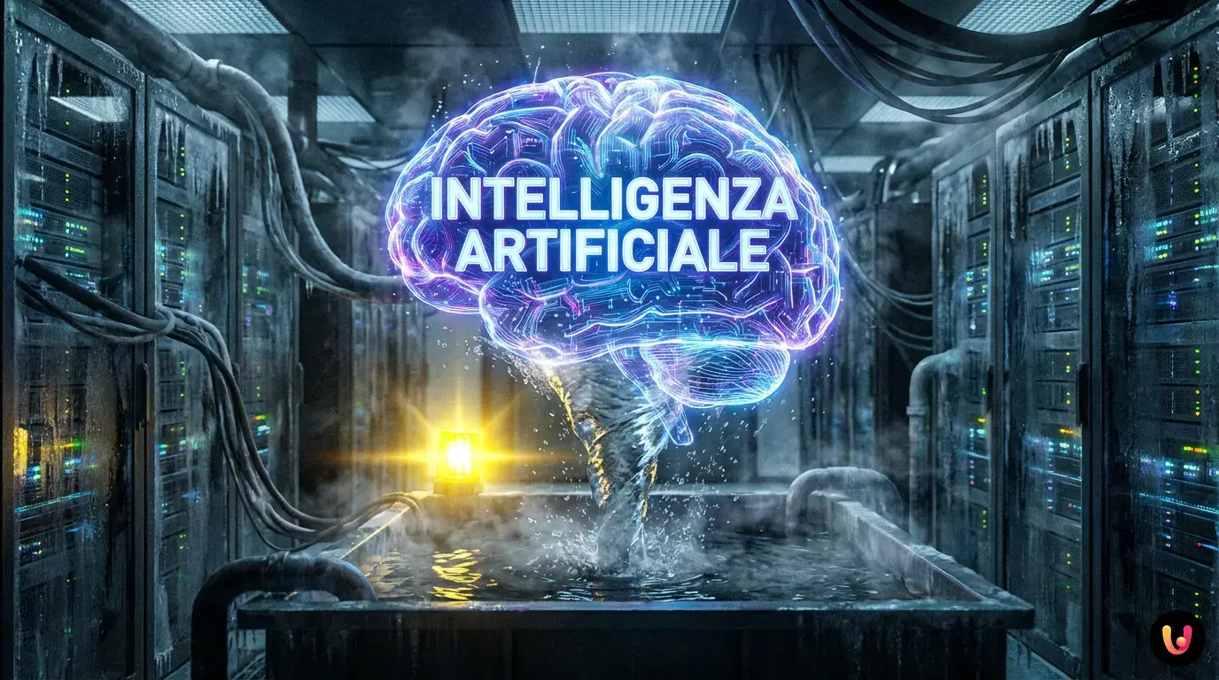 Impatto ambientale AI: consumo acqua dei Data Center File di server in un Data Center con sistemi di raffreddamento ad acqua