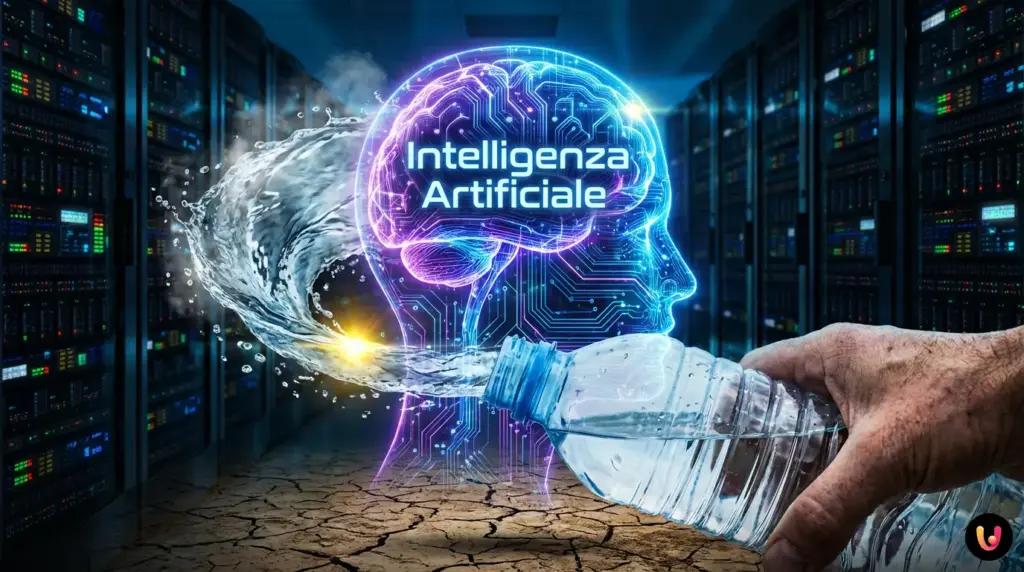 Il “sorso fantasma”: il costo fisico invisibile di ogni tua domanda Corridoio di server in un data center con sistema di raffreddamento ad acqua