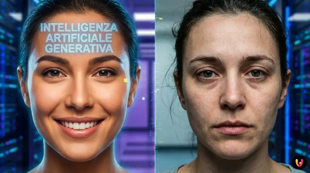 Primo piano di un volto iper-realistico creato dall'intelligenza artificiale