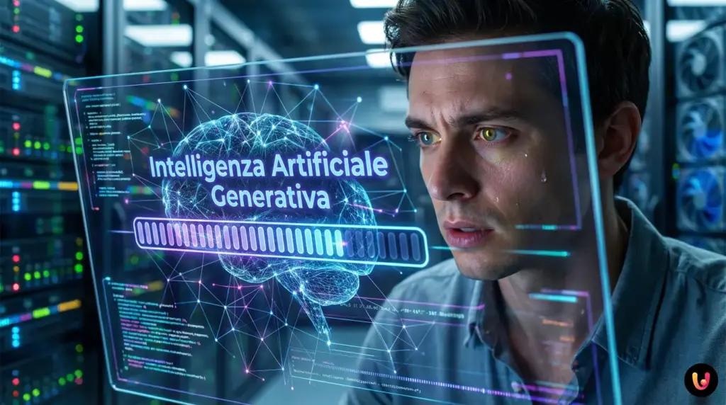 Cursore lampeggiante su sfondo digitale che simula il pensiero dell'intelligenza artificiale