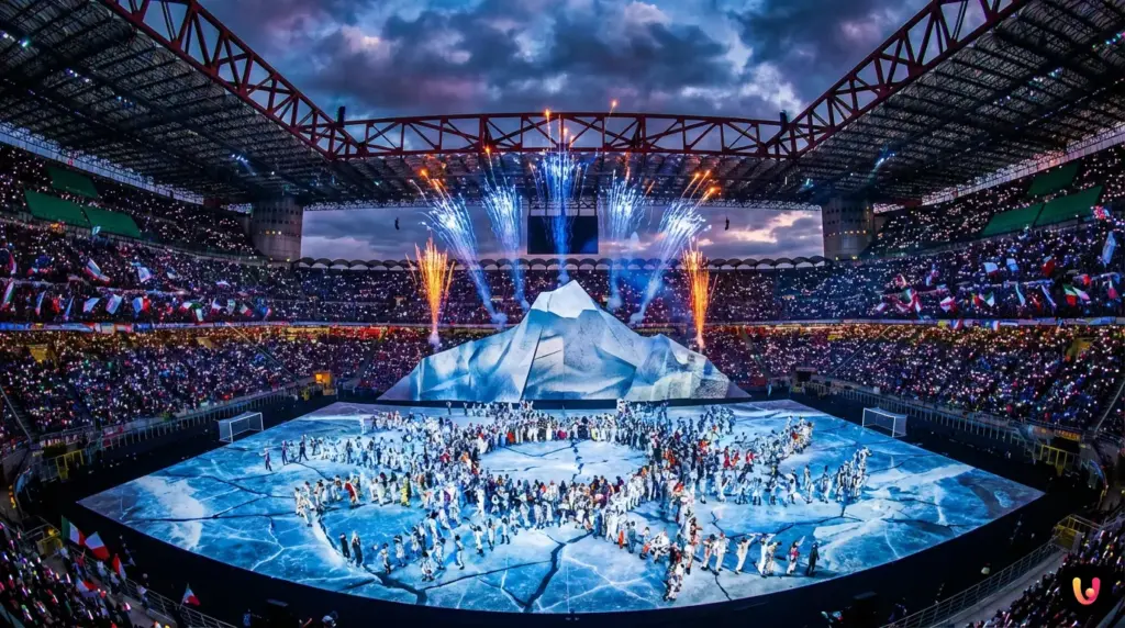 Stade San Siro illumin&eacute; pour la c&eacute;r&eacute;monie d'ouverture des JO d'hiver 2026
