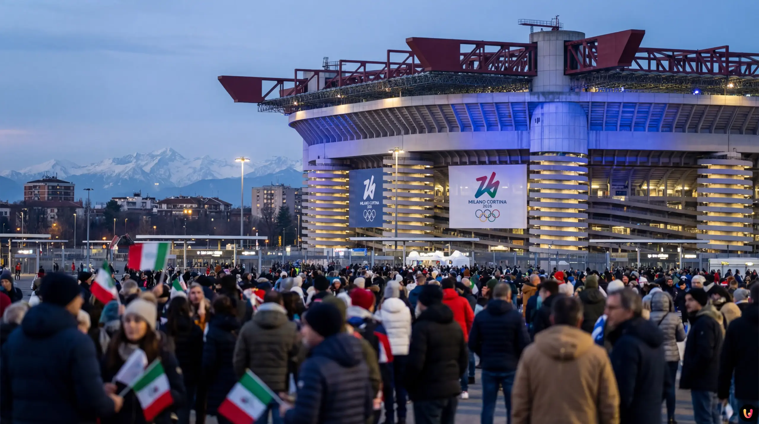 Préparatifs JO Milan-Cortina 2026 au stade San Siro Stade San Siro de Milan décoré pour les Jeux Olympiques d'hiver 2026