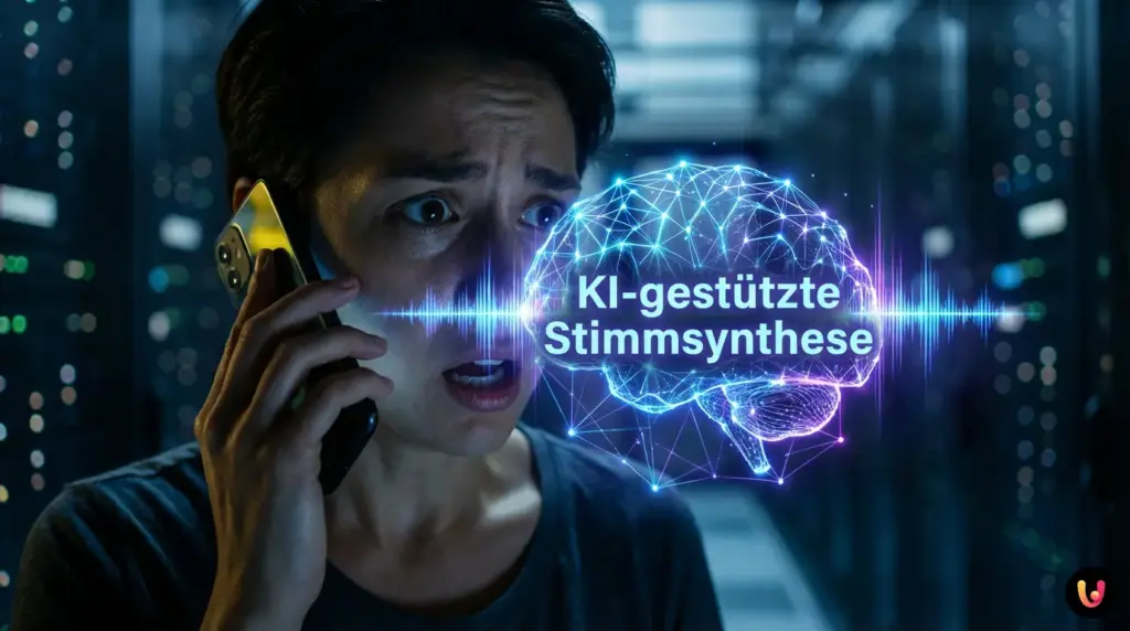Person blickt besorgt auf Smartphone, visualisierte Schallwellen deuten KI-Analyse an