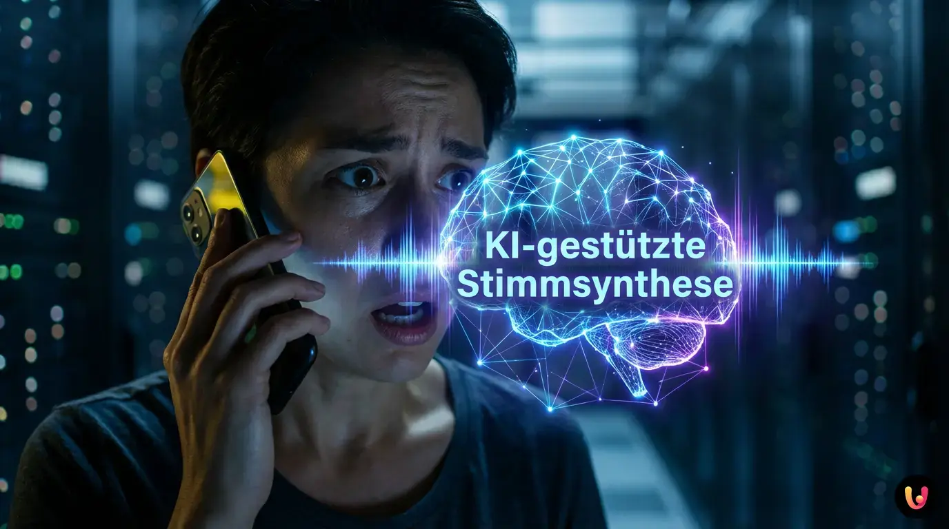 Person blickt besorgt auf Smartphone, visualisierte Schallwellen deuten KI-Analyse an