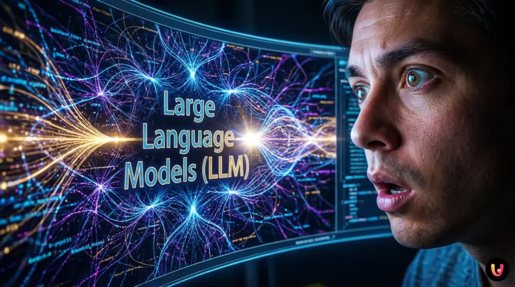 Grafica digitale che mostra l'interazione tra linguaggio umano e codici AI
