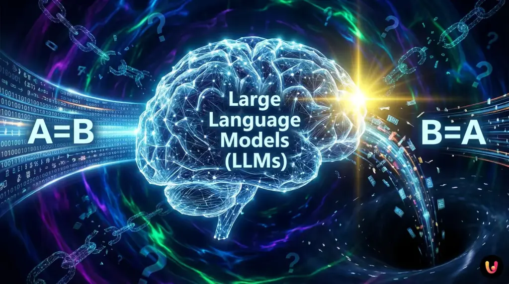 Reversal Curse: Warum KIs an dieser simplen Umkehrung scheitern Illustration eines KI-Gehirns, das an einer logischen Umkehrung scheitert