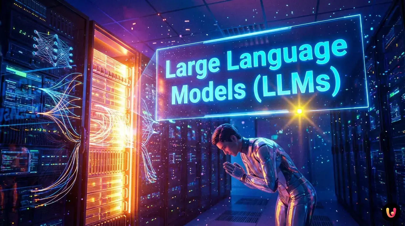 Illustration d'un humain interagissant avec une intelligence artificielle lumineuse.