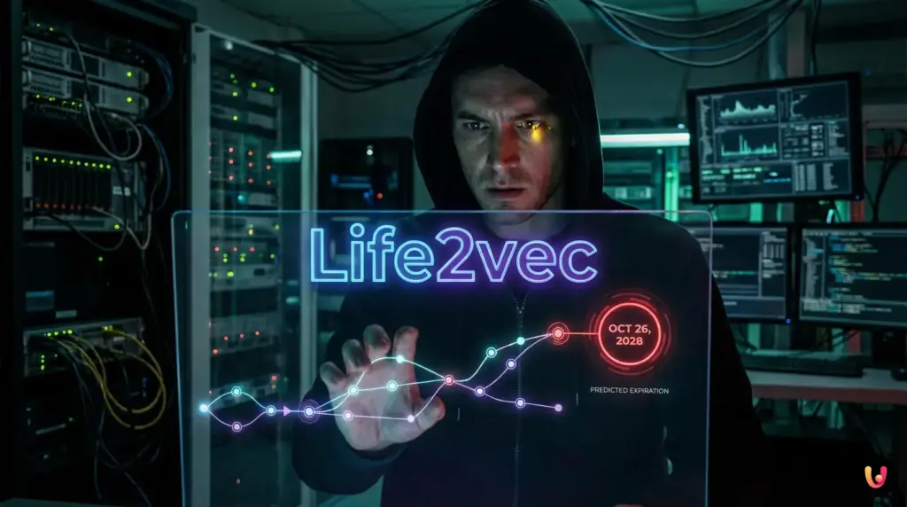 Silhouette umana digitale composta da flussi di dati luminosi e algoritmi matematici