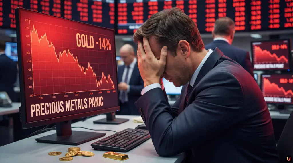 L’or s’effondre : -14% en deux séances, panique sur les métaux précieux Graphique boursier rouge en chute libre illustrant l'effondrement du prix de l'or.