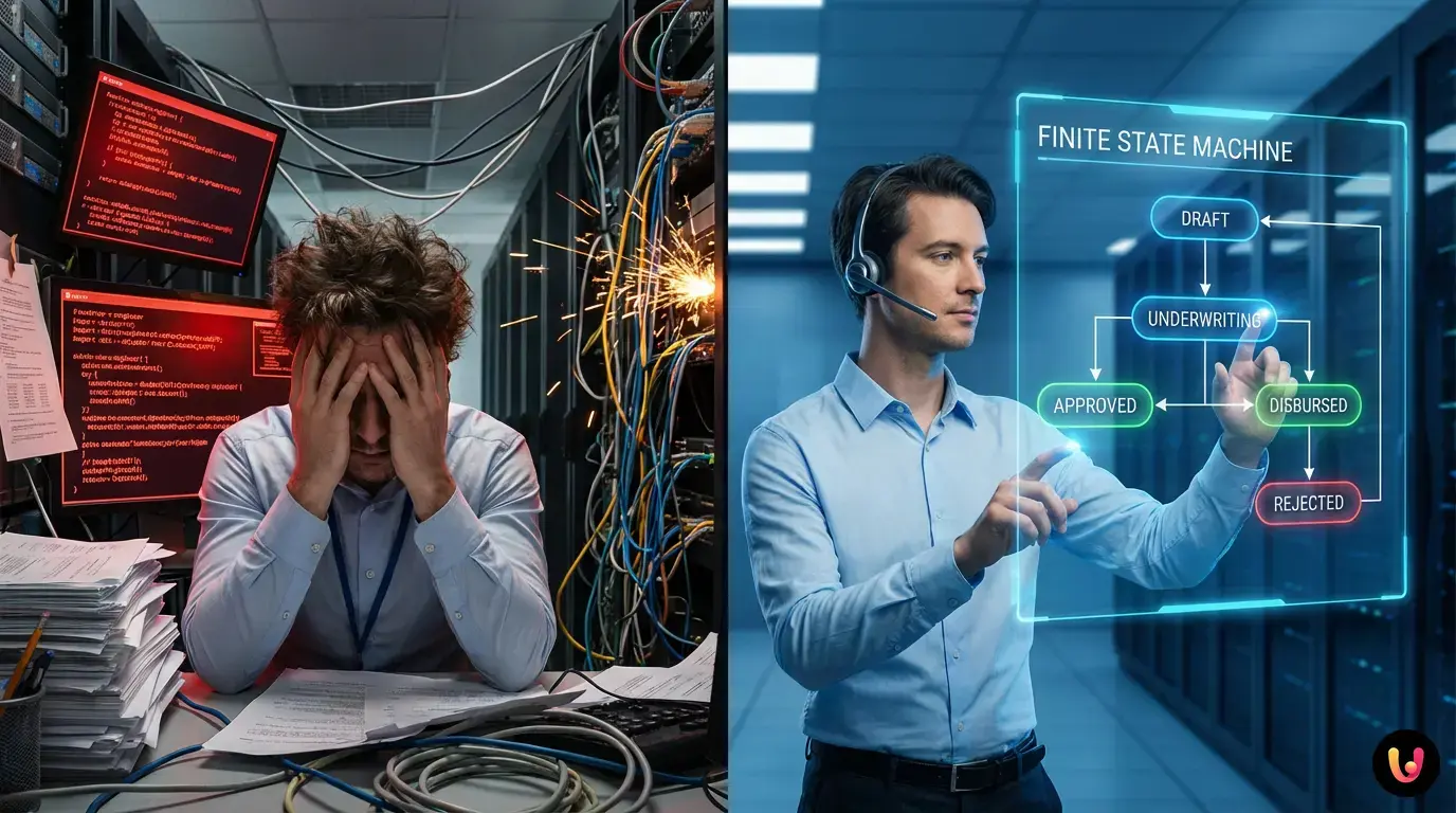 FSM-Flussdiagramm, das Zustände und Übergänge eines Hypotheken-Workflows zeigt