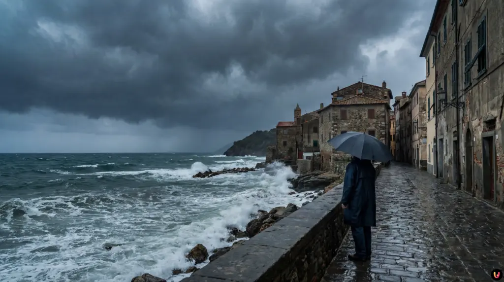 Pioggia intensa e cielo grigio simbolo dell'allerta meteo gialla in Italia