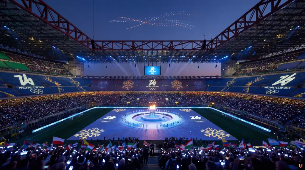 Milano Cortina 2026: San Siro pronto per la Cerimonia di Apertura Stadio San Siro illuminato per la Cerimonia di Apertura delle Olimpiadi Milano Cortina 2026