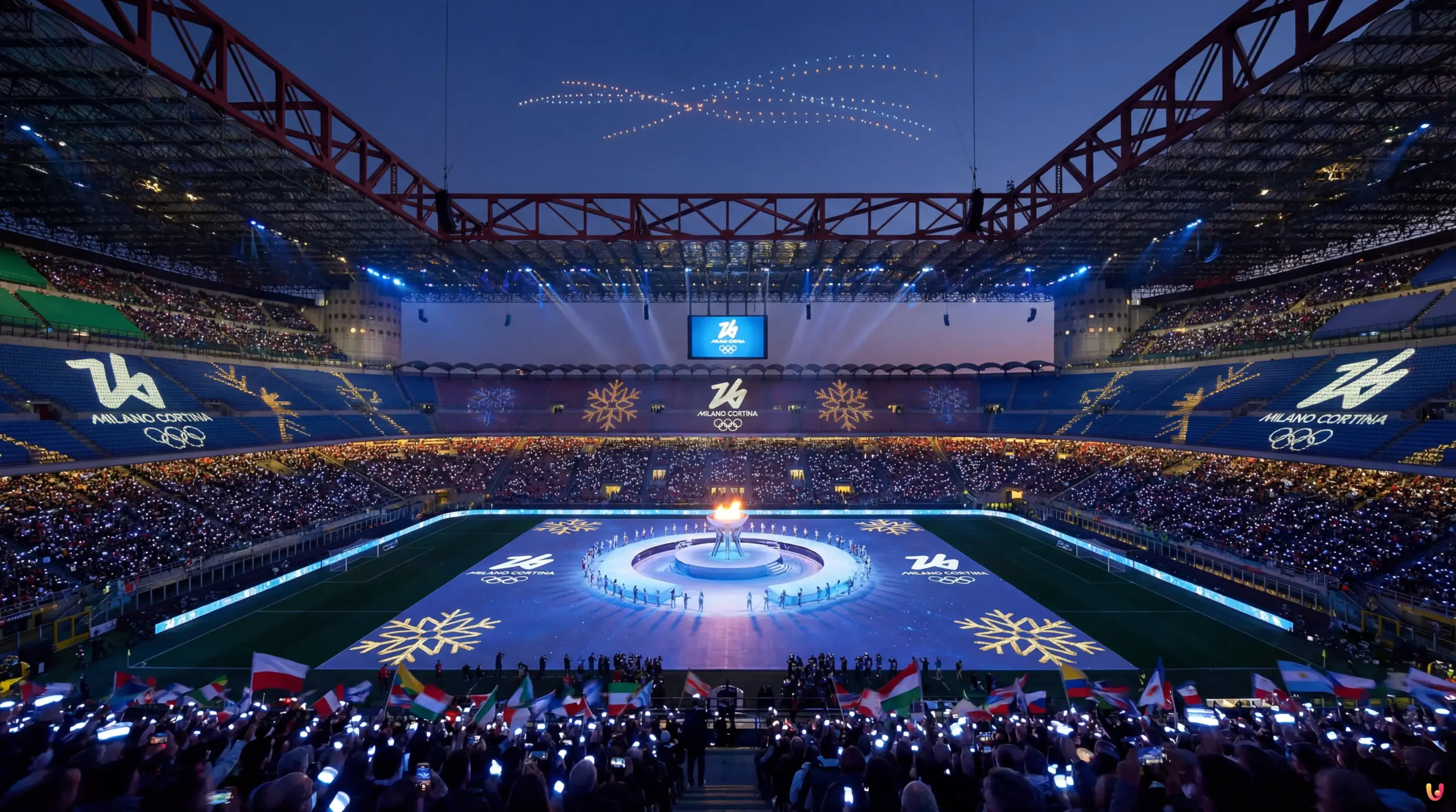 San Siro pronto per Cerimonia Apertura Milano Cortina 2026 Stadio San Siro illuminato per la Cerimonia di Apertura delle Olimpiadi Milano Cortina 2026