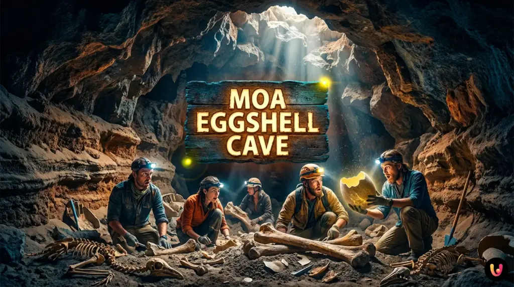 Scavi paleontologici e fossili nella Moa Eggshell Cave in Nuova Zelanda