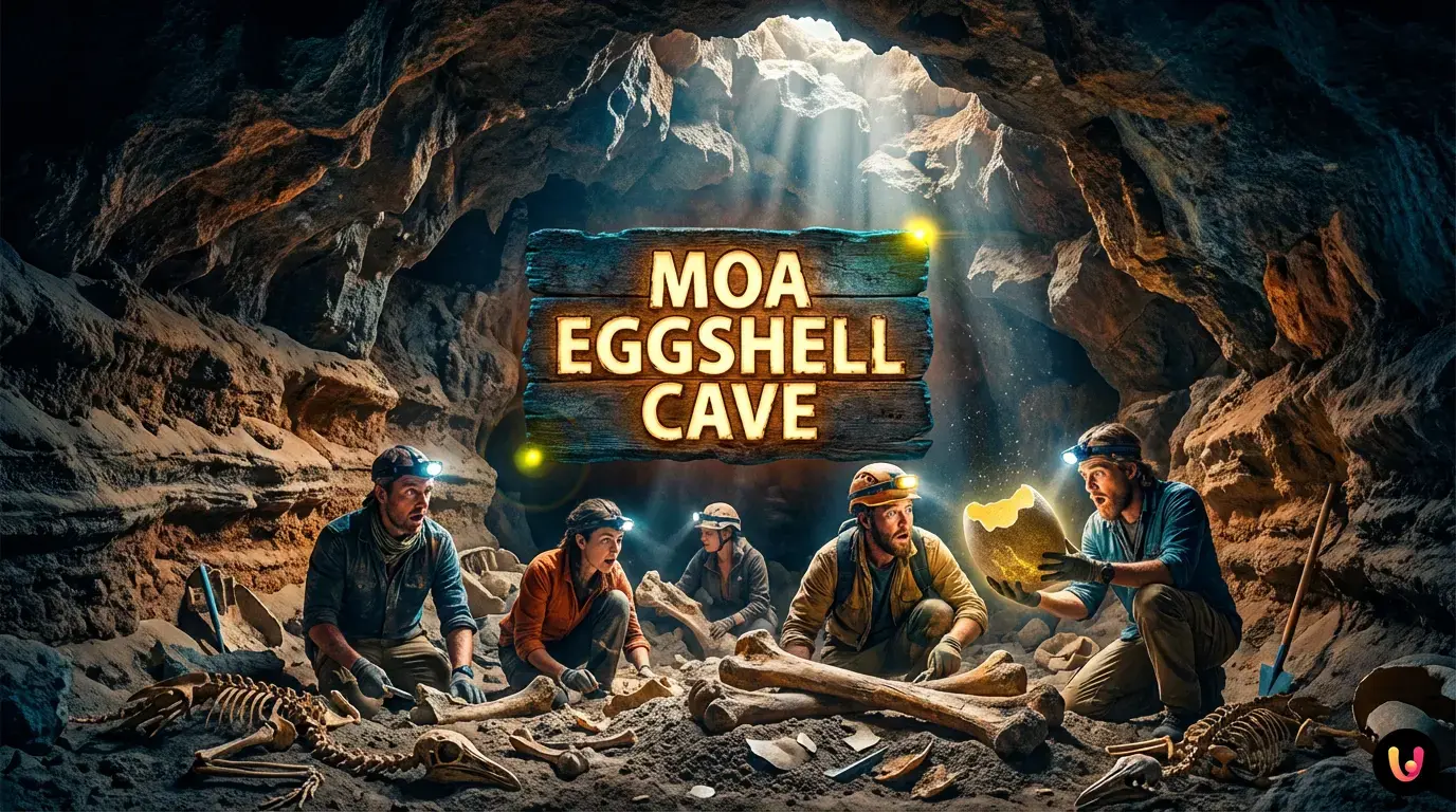 Scavi paleontologici e fossili nella Moa Eggshell Cave in Nuova Zelanda