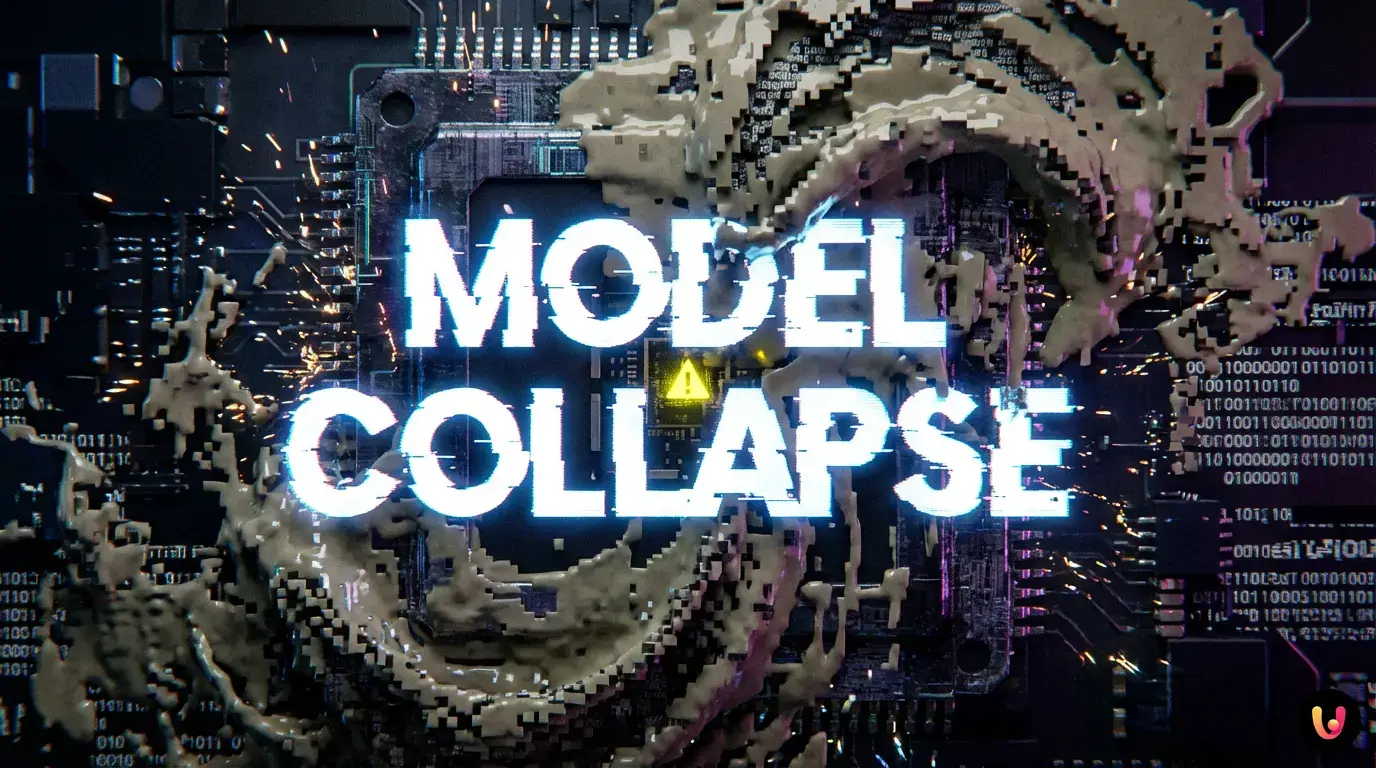 Collasso del Modello: AI e dati sintetici Spirale digitale che perde definizione rappresentando il Model Collapse