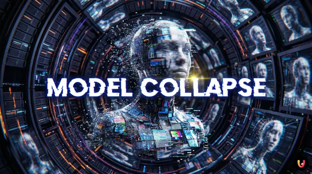 L’AI impara da sola e ‘impazzisce’: il rischio del Model Collapse Rappresentazione grafica del Model Collapse con dati digitali che diventano confusi e sfocati