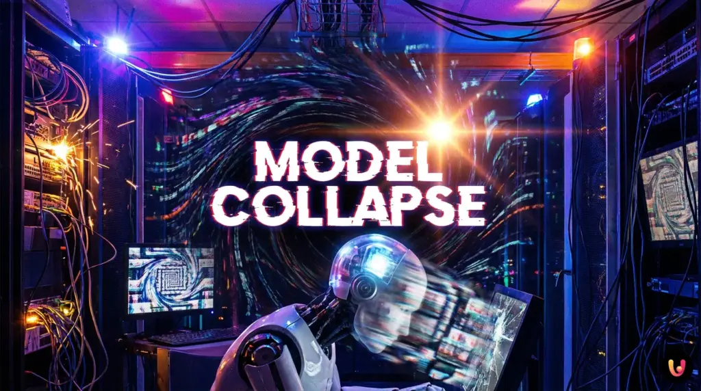 Il paradosso della dieta cannibale: così l’IA perde la sua intellig… Grafica astratta che mostra il degrado dell'intelligenza artificiale nel tempo